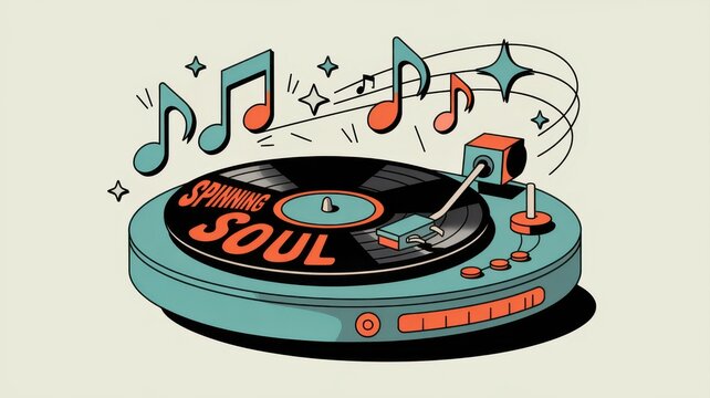 Vintage Soul Music Turntable with Floating Musical Notes and Retro Vibes