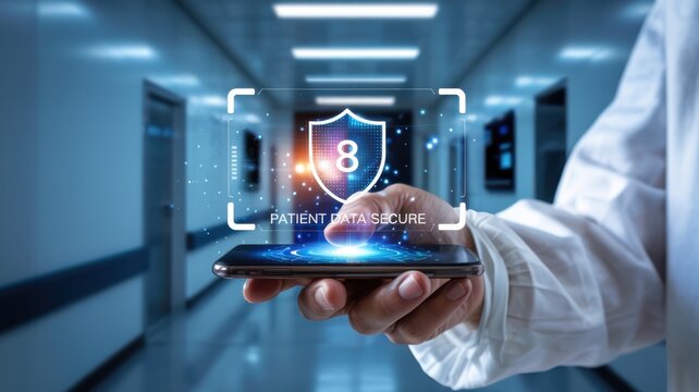 Doctor Holding Digital Shield With Patient Security Icon In Hospital Corridor
