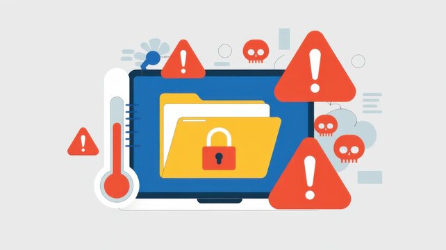 Digital Security Alert on Laptop Screen with Warning Icons and Thermometer