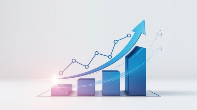 Business Growth Chart Rising Over 3D Bar Graph With Blue Arrow Trend