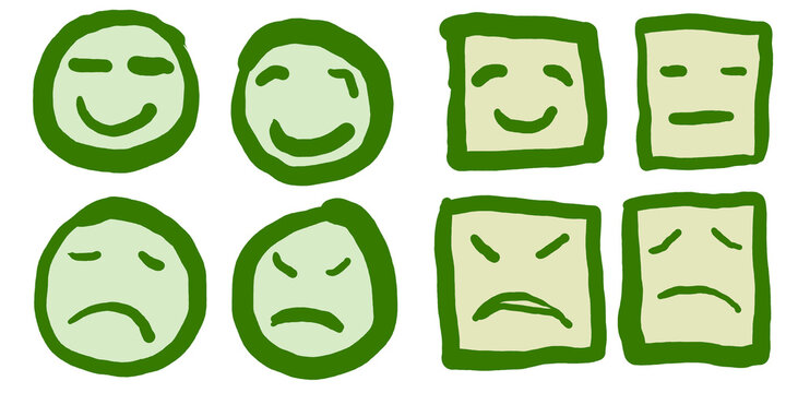 Green emoji doodle icons set featuring hand-drawn smiley faces in round and square shapes isolated in transparent background. Perfect for customer feedback, satisfaction surveys, and mood trackers.