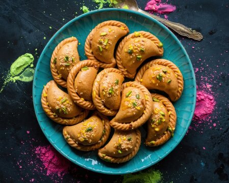 Golden Fried Samosas on Blue Ceramic Plate with Fresh Herbs and Spices