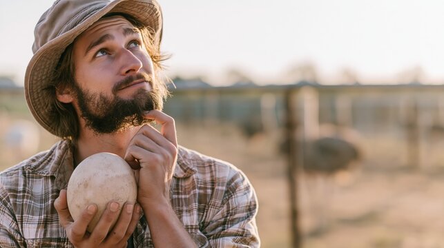Ostrich farmer holding an ostrich egg in a farm while thinking. Concept of quiz, consultation and trivia about ostrich farming.