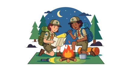 Naklejka premium Two young scouts in uniform sit by a campfire at night, reading a book together under a crescent moon and starry sky in a forest setting.
