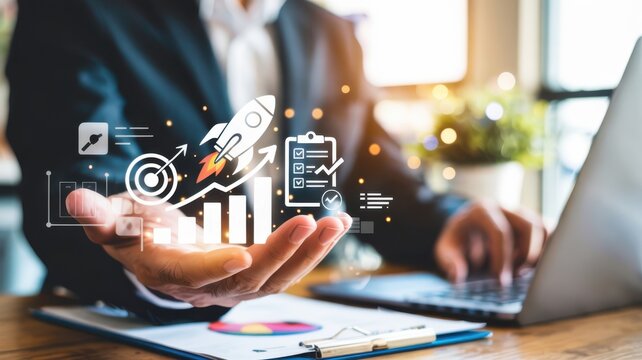 Business professional analyzing financial growth charts on digital tablet with futuristic tech icons
