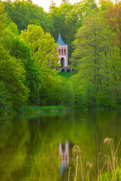 Abbey Ruins in Bukowiec Park, Lower Silesia, Poland, Romantic Gothic Revival Landmark Surrounded by Lush Green Forest in the Karkonosze Region. Opactwo