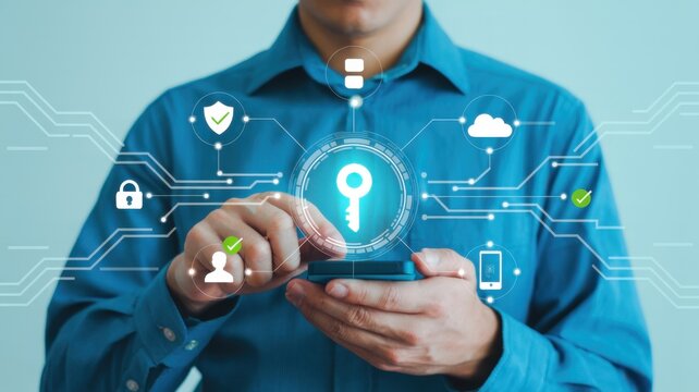 Professional in Blue Overalls Holding Digital Security Key with Circuit Background
