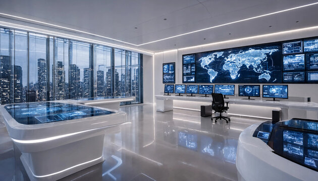 Modern corporate command control center with high-tech monitoring screens and global data mapping real time monitoring technology surveillance business security dashboard infrastructure