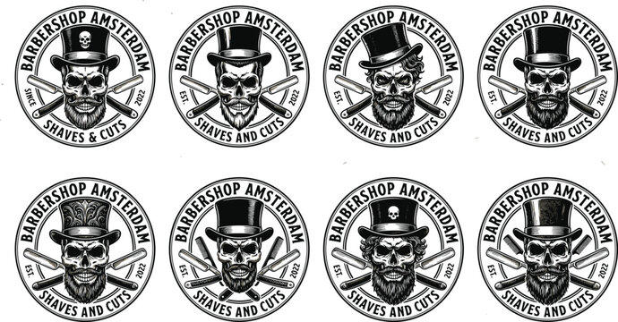 Vintage barbershop round emblem set featuring bearded hipster skull characters in top hats with crossed straight razors