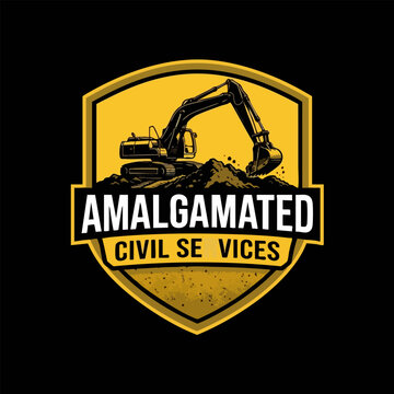 Amalgamated civil services construction badge with excavator on earth shield excavator construction services machinery equipment engineering building industry contractor infrastructure