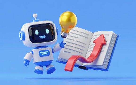 Friendly Robot Holding Book with Rising Graph and Light Bulb Idea in Blue Background