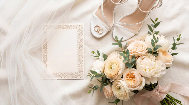 Elegant wedding flat lay with white bridal shoes, golden rings, invitation card and tender rose bouquet