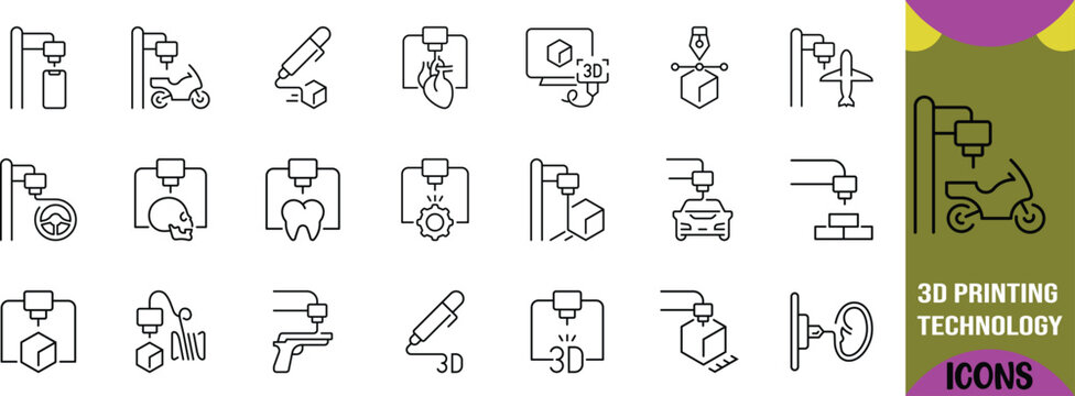Modern 3d printing technology icons. car icon set, skull icon set, heart icon set