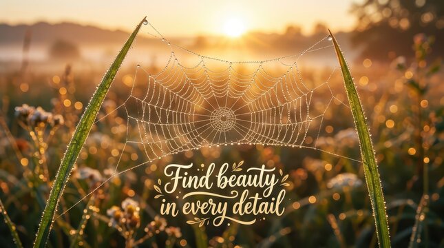 Macro shot of dew drops on a spider web in the morning sun, with a motivational quote about finding beauty in details.