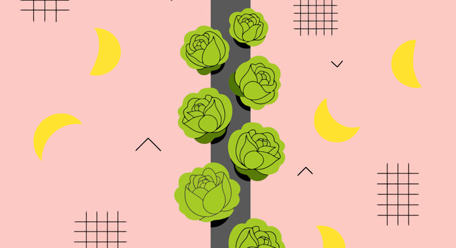 Abstract floral pattern with green rose icons and yellow moon shapes