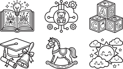Fototapeta premium Set of black and white line art icons for children education and toys