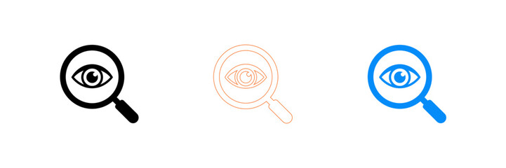Naklejka premium Eye icons with magnifying glass in different styles and colors isolated on transparent background, Vector