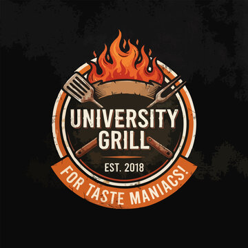 University grill logo for taste maniacs with flaming banner and cooking utensils university restaurant illustration utensils establishment grilling template branding identity culinary