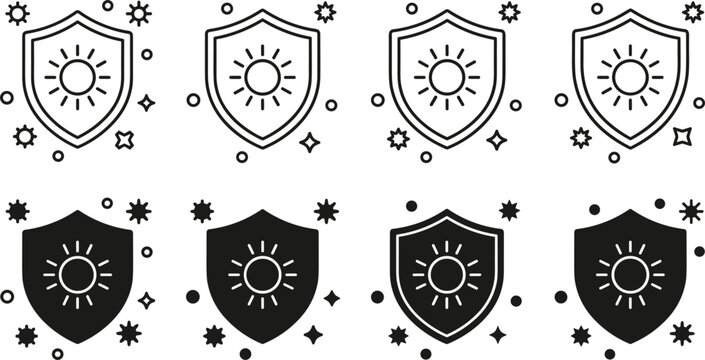 Sun protection shield icon set vector illustration for skincare UV defense block skincare packaging isolated graphic design
