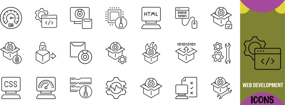 Software development coding vector icons. monitor icon set, gear icon set, disc icon set