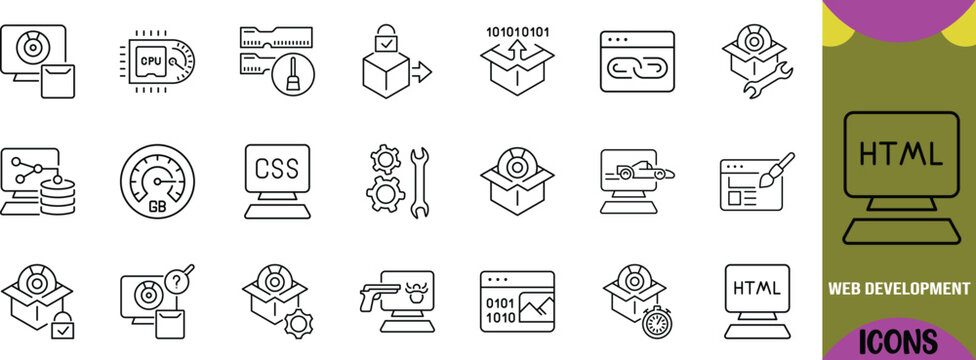 Web development programming vector icons. monitor icon set, package icon set, cpu icon set
