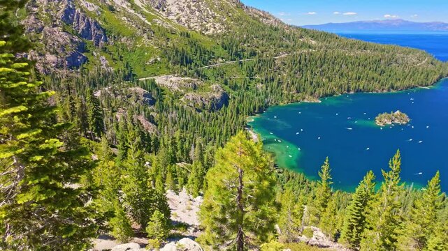 Emerald Bay panorama on Lake Tahoe sunny day
