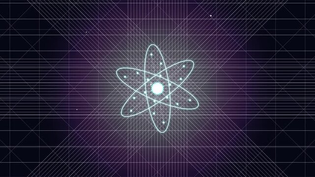 A digitally illustrated representation of an atom with orbiting electrons in a high-tech, futuristic style set against a purple grid background evokes science, technology, innovation