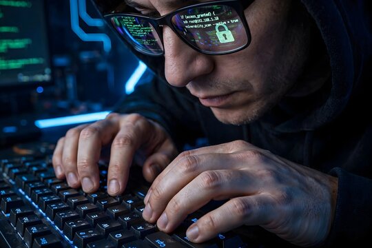 Close-up of a cybersecurity professional or ethical hacker typing on a keyboard with programming code reflected in eyeglasses. Concept of cybersecurity, ethical hacking, penetration testing, network.