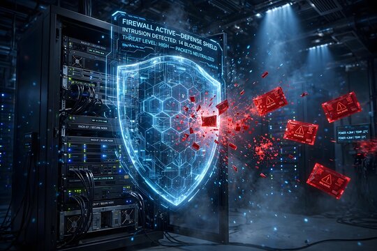 Modern cybersecurity concept showing a digital firewall shield protecting server infrastructure from malware and cyber attacks. Illustration of network security, cyber defense, data protection.
