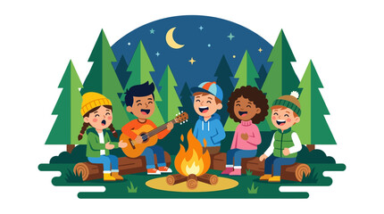 Naklejka premium A group of diverse cartoon children sit around a campfire in a forest at night, with one child playing an acoustic guitar and others singing.