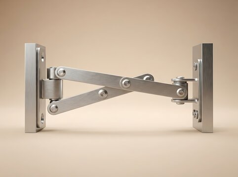 Modern stainless steel scissor hinge mechanism isolated on beige