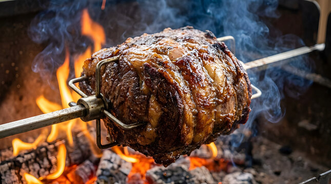 Juicy meat roast turning on rotisserie spit over burning wood.