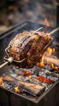 Large piece of beef roasting on spit over fire.