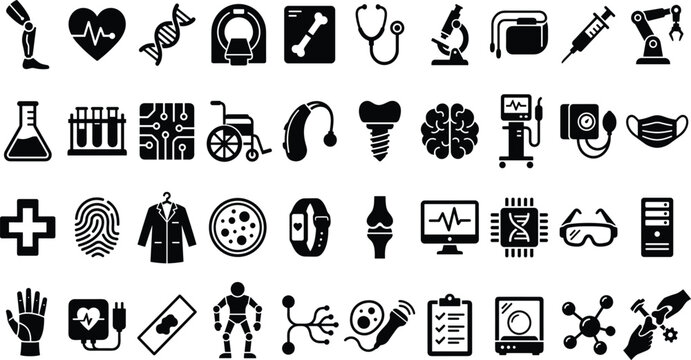 Biomedical Engineering Silhouette Icon Set with Solid Black Symbols for Medical Electronics, Biotechnology Innovation, Prosthetic Design, and Healthcare Equipment Labs
