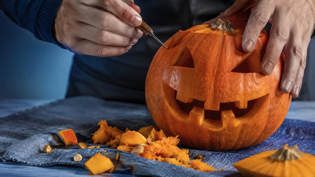 Carving jack-o'-lantern pumpkin with carving tool