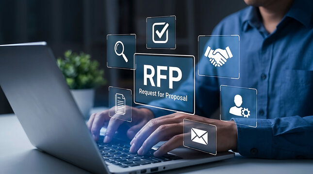 Businessman working on RFP request for proposal using laptop computer at desk