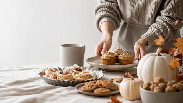 Autumn dessert table with pumpkin cupcakes and cookies