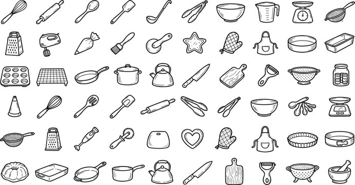 Baking Kitchen Tools Outline Icon Collection Featuring Whisk Rolling Pin Measuring Cup Mixing Bowl Utensils and Bakeware Vector Illustration Set