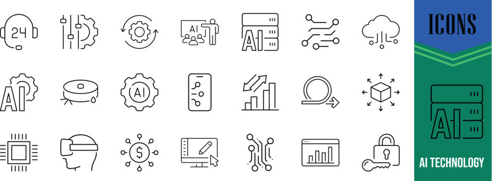 Artificial intelligence technology vector icons. processor icon set, robot icon set, headset icon set