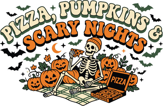 Spooky halloween shirt design skeleton with pizza pumpkins and bats festive fall graphic
