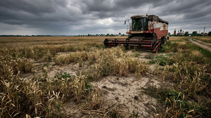 Fototapeta premium Red combine harvester working in dry agricultural field.