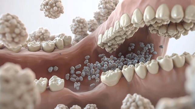 Microscopic Illustration of Bacteria and Plaque Accumulation on Teeth and Gums