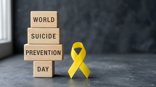 World suicide prevention day awareness wooden blocks with ribbon symbolizing hope and support