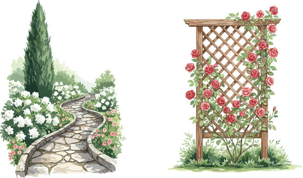 Elegant garden landscaping vector illustration set featuring a winding flagstone paver path flanked by blooming white hydrangeas and a wooden lattice trellis covered in red climbing roses