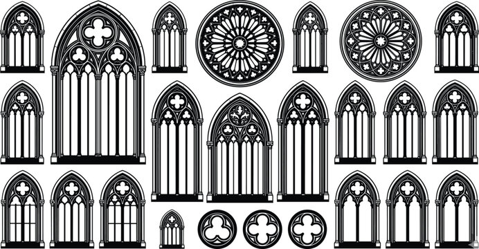 Gothic Cathedral Window Silhouette Set with Medieval Church Arches and Rose Windows for Architectural Designs, Tattoo Art, and Vector Graphics