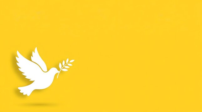 White dove with olive branch symbolizing peace on a vibrant yellow background