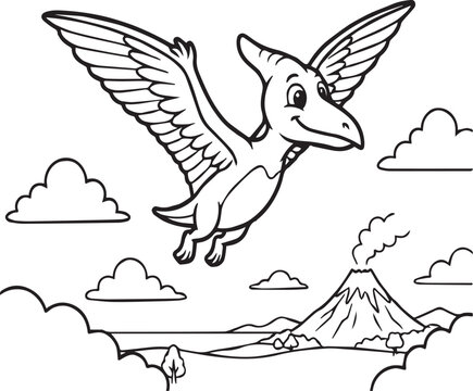 Cute cartoon pterodactyl dinosaur flying in the sky with clouds and volcano landscape coloring page black and white line art vector illustration

