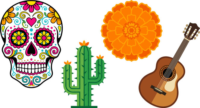 Mexican Day of the Dead Vector Element Set with Sugar Skull Calavera Marigold Flower Cactus and Acoustic Guitar for Dia de los Muertos Designs