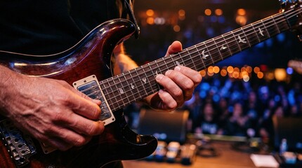 Obraz premium Musician playing electric guitar on stage during live concert performance at music festival with professional lighting and blurry audience background in dark club.