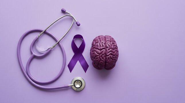 Brain health awareness stethoscope ribbon and anatomical model on purple background